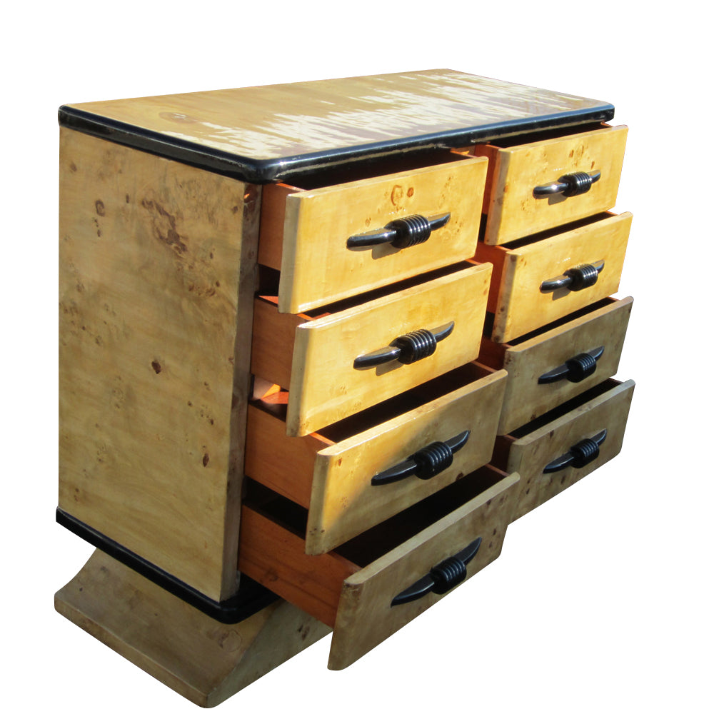 Vintage Art Deco burled wood dresser with 8 drawers and 47-inch width