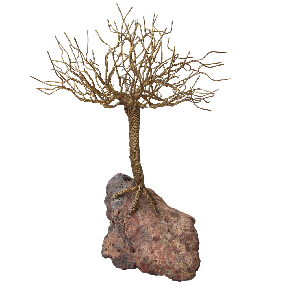 Vintage brass wire sculpture of a windswept bonsai tree