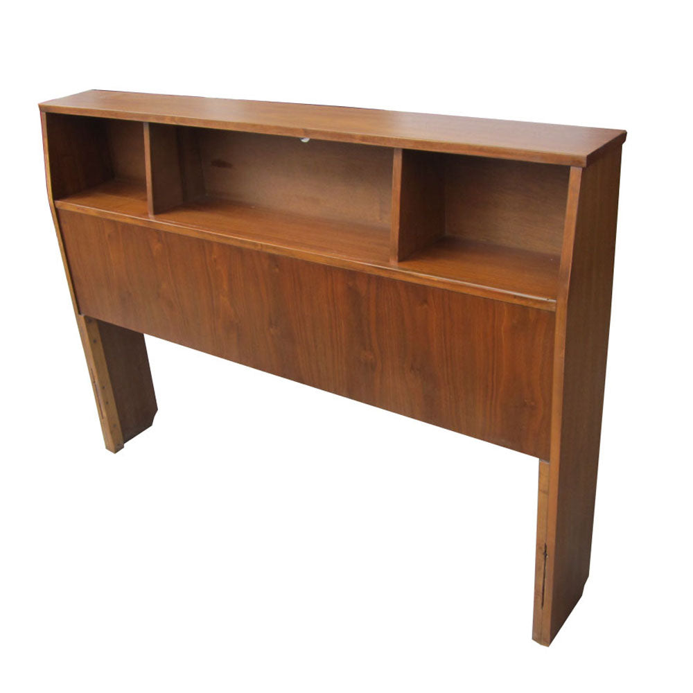 Vintage 55″ walnut headboard with built-in shelves in mid century modern style