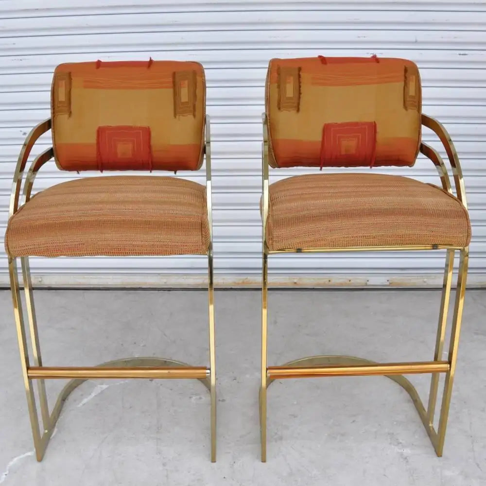 Vintage Mid Century Milo Baughman Flat Bar Gold Brass Cantilever Bar Stools