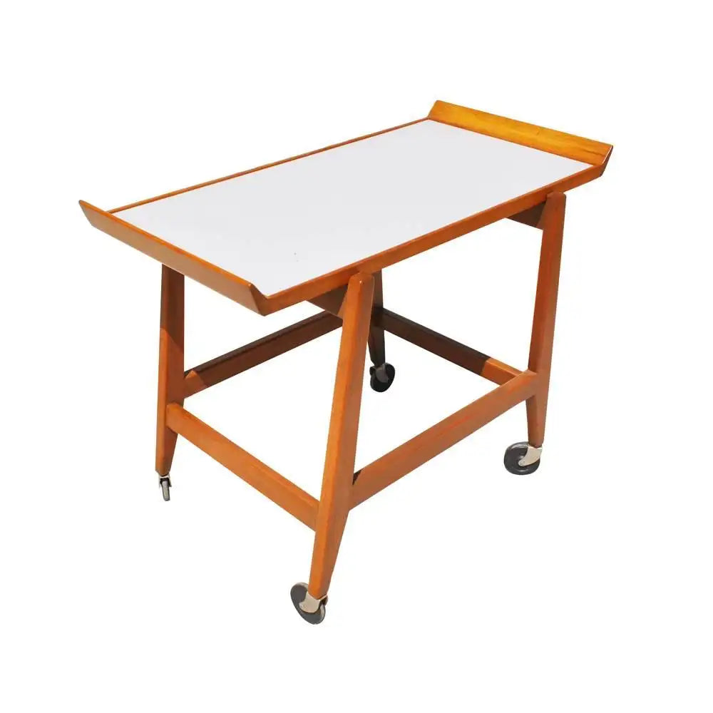 Jens Risom vintage rolling bar cart in teak wood