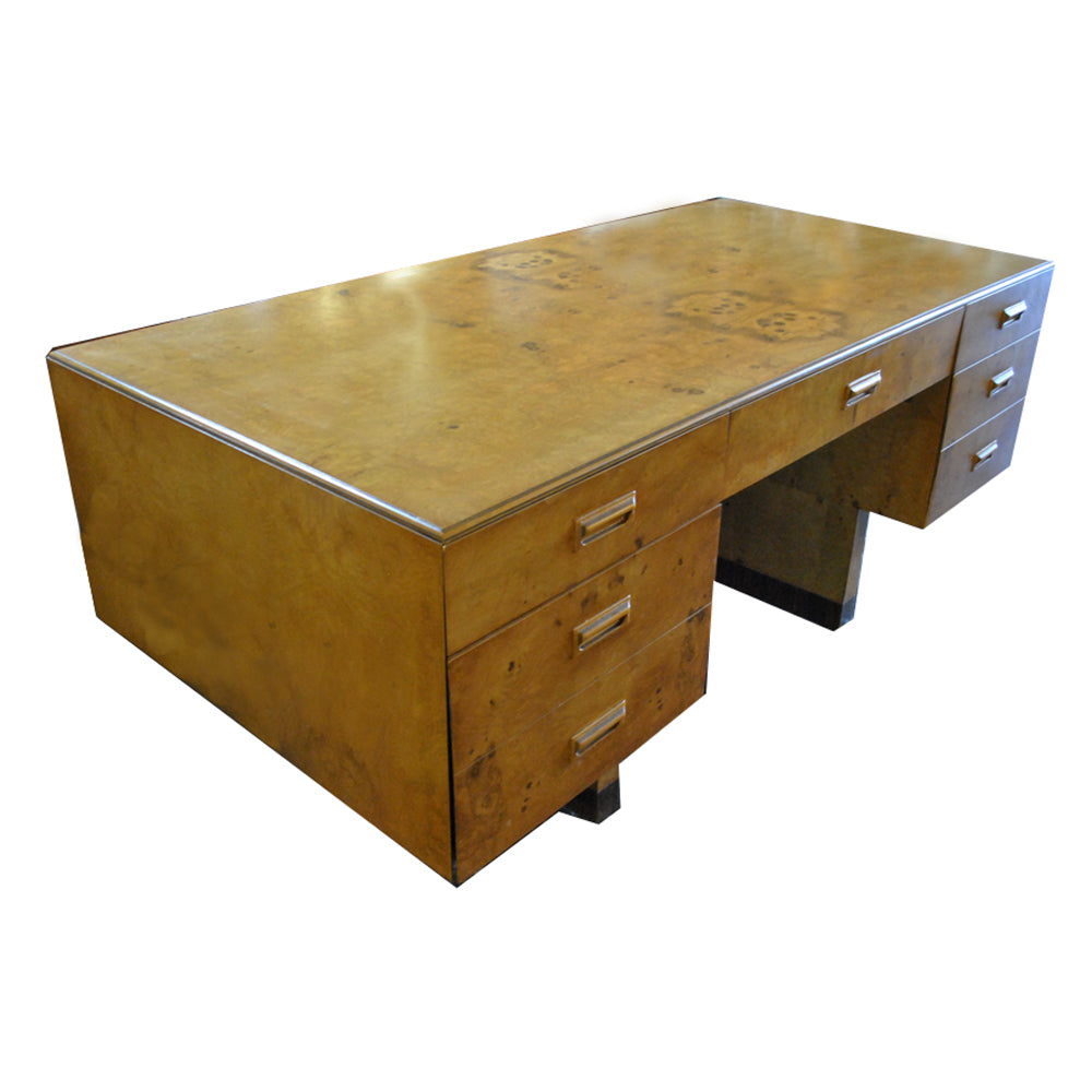 Vintage Mid Century Scene Two Series olive burl and rosewood 70″ wide desk