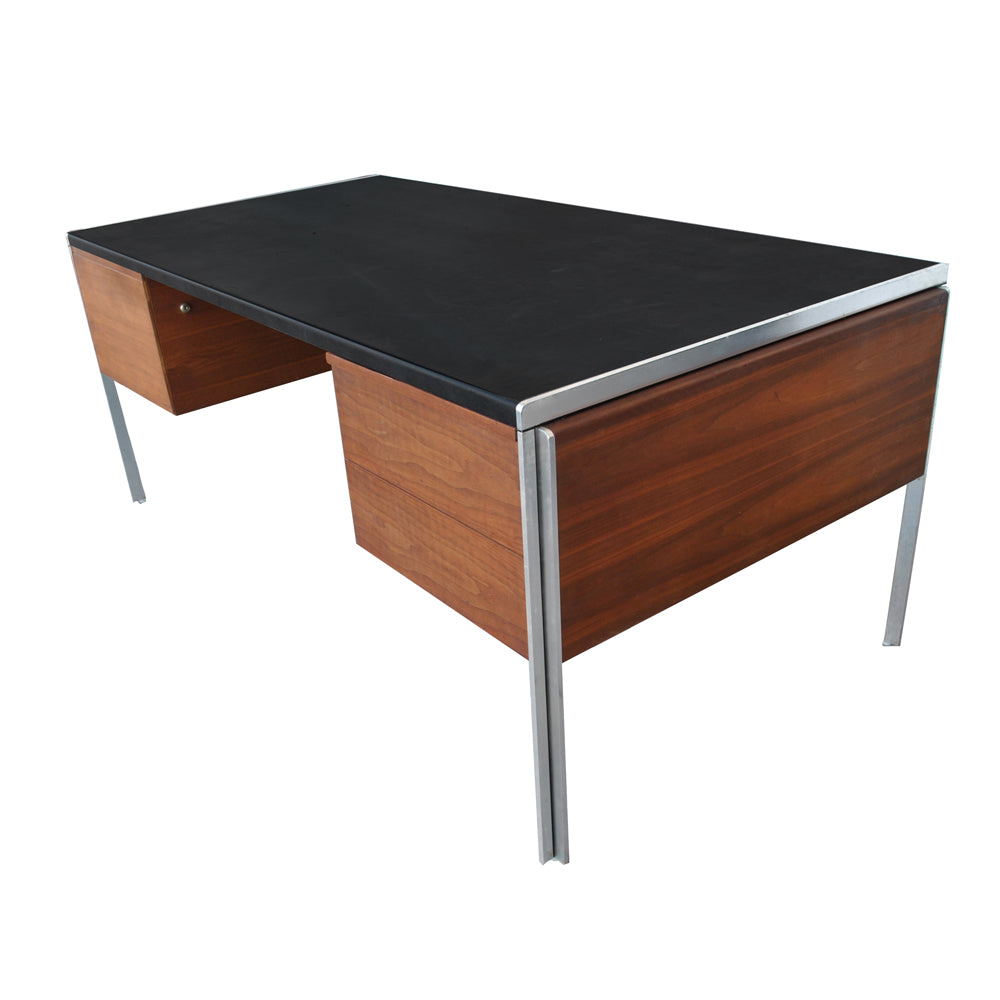 Vintage Stow Davis 72″ wide mid-century leather and chrome executive desk