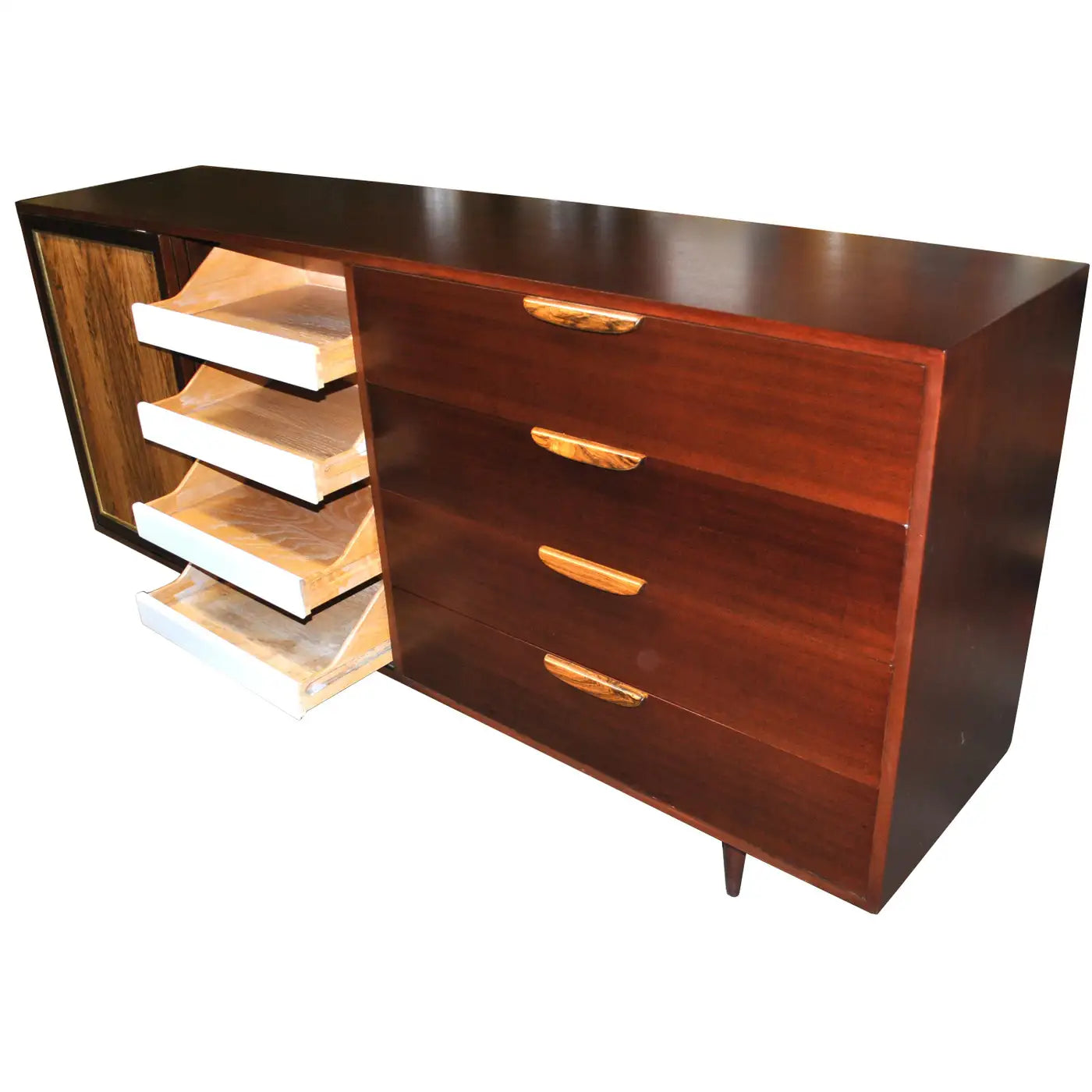 Interior shelving of vintage mahogany credenza