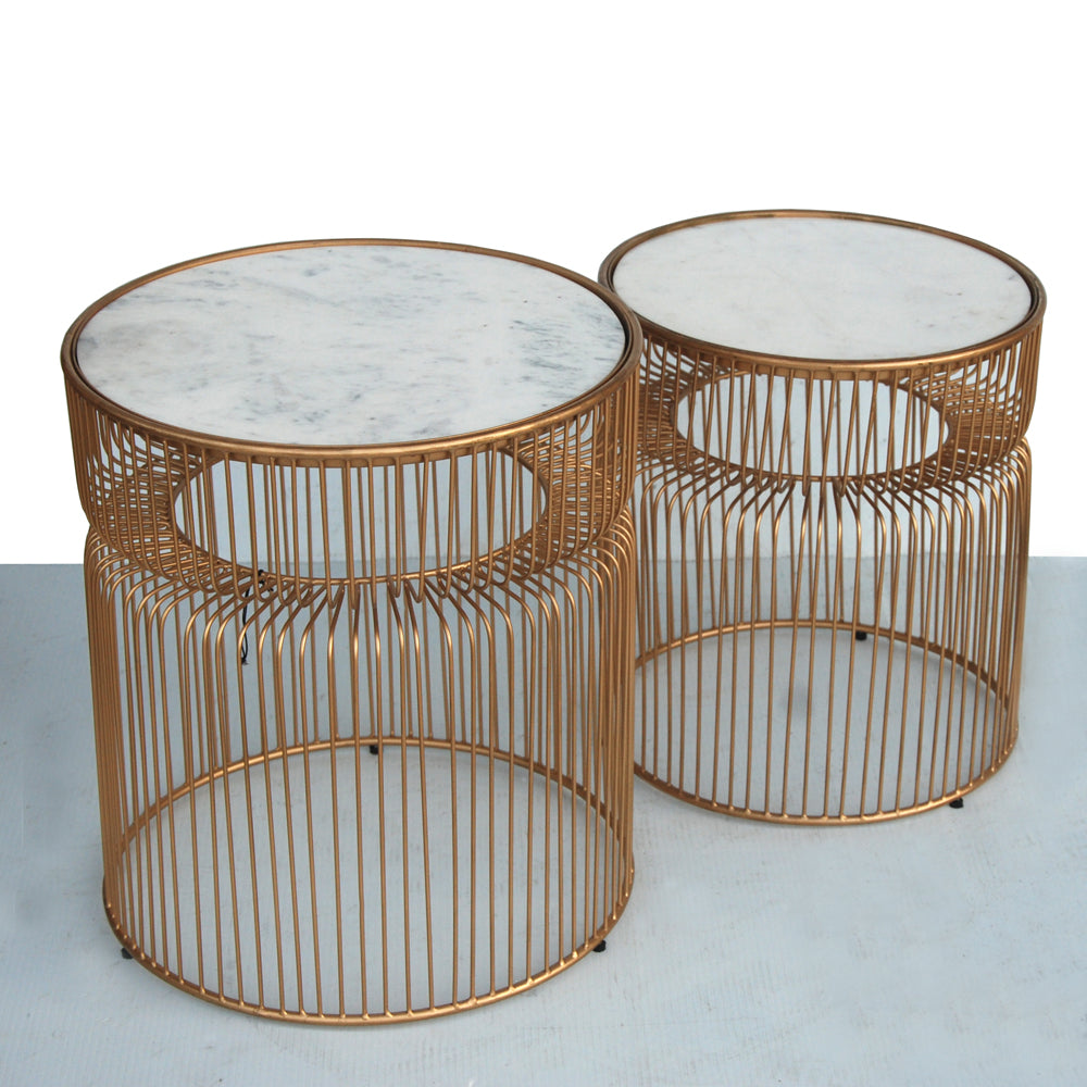 Nested 16″ & 14″ marble and bronze vintage side tables