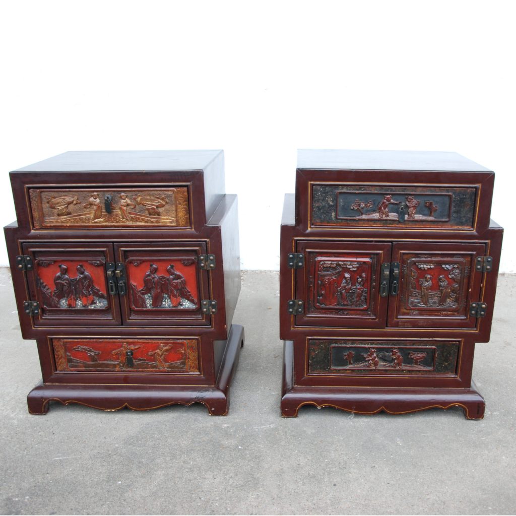 Set of 2 vintage Asian nightstands with wooden finish – mid-century bedside tables from Metro Retro Furniture