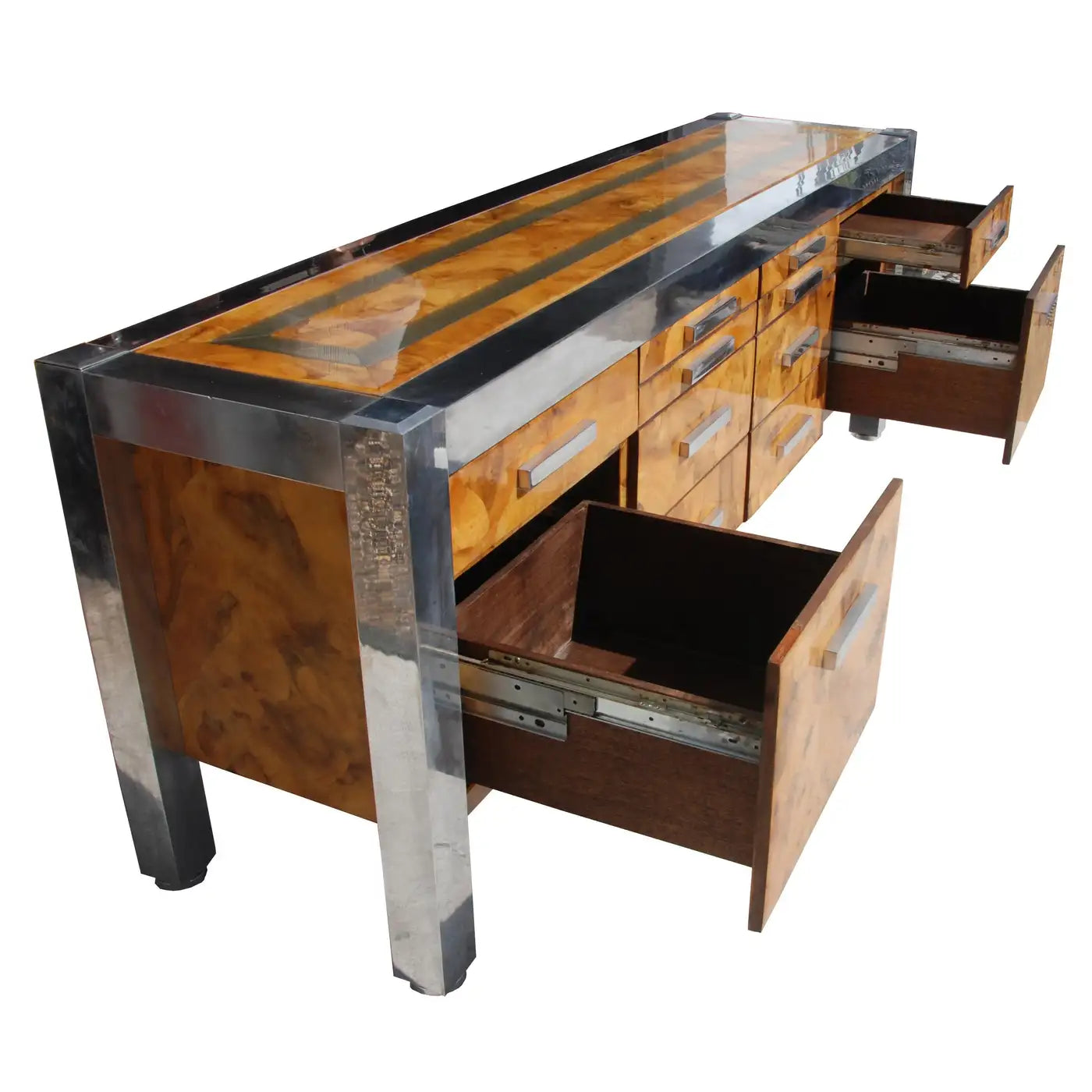 Burled wood credenza with chrome details