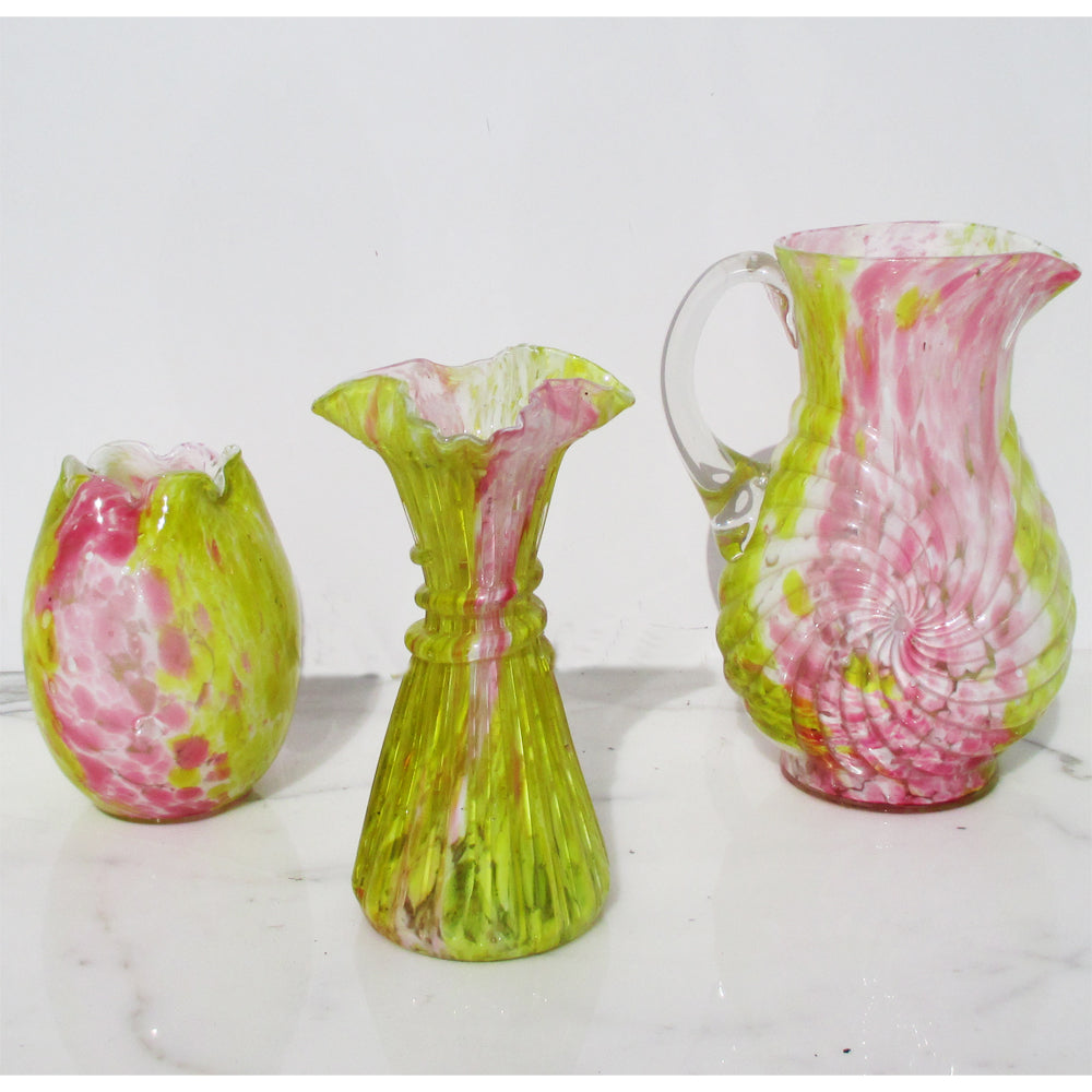 Set of 3 pink and yellow Murano Fazzoletto glass vases