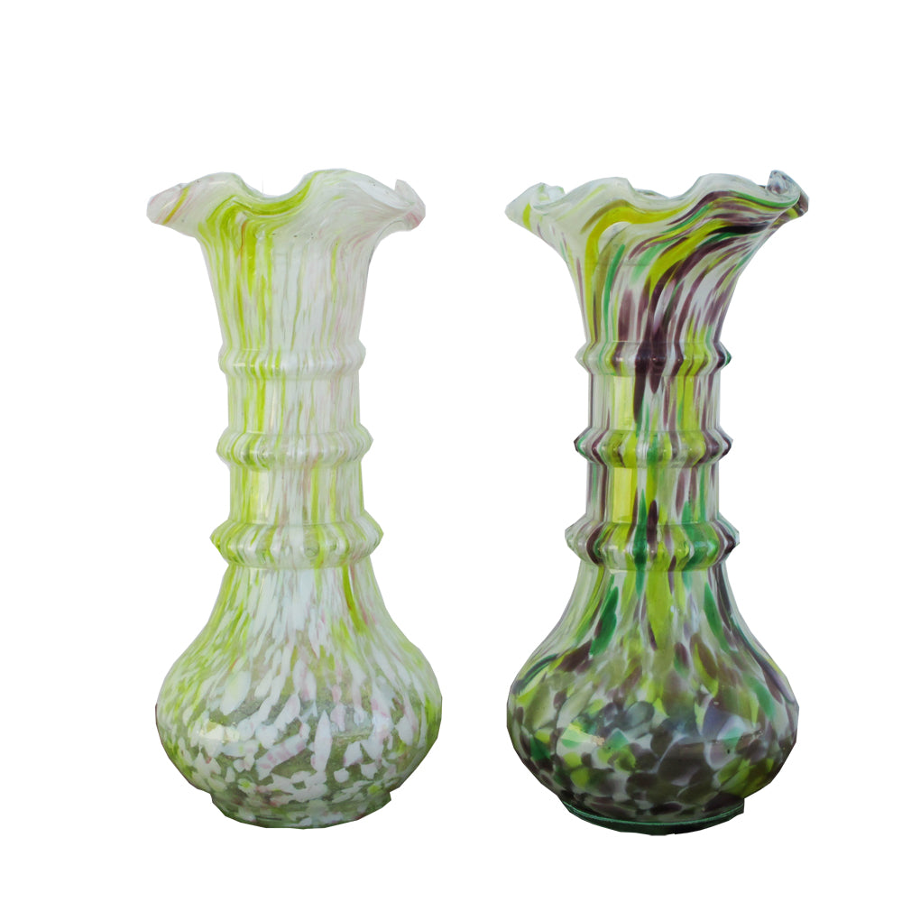 Pair of green Fazzoletto Murano glass vases in handblown Italian art glass style