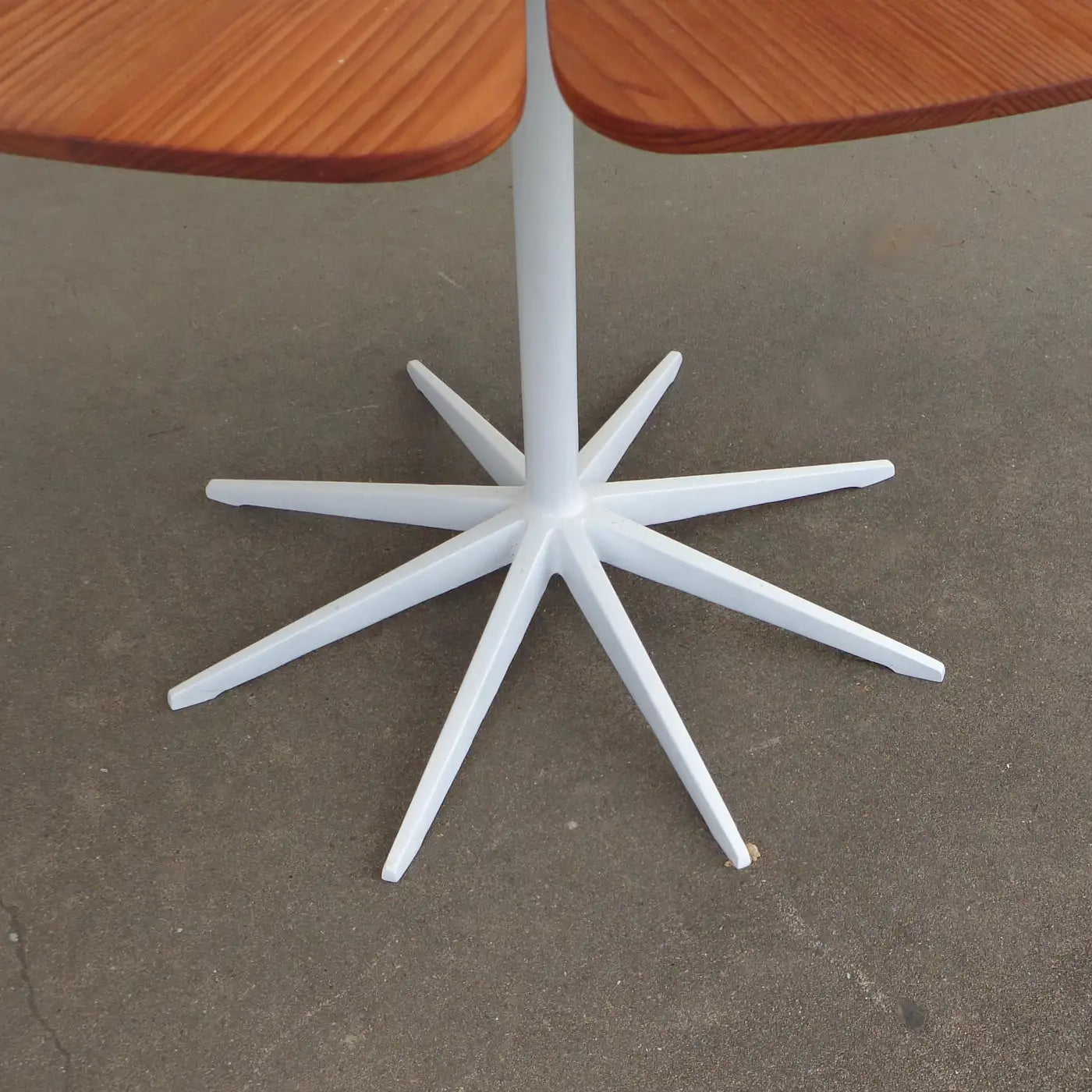 43" Petal table with redwood top and metal base