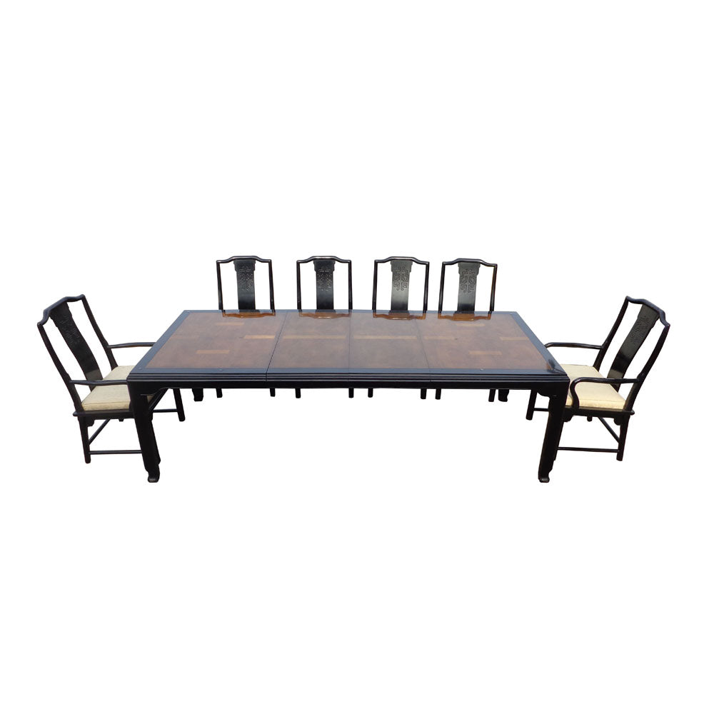Oriental style black wood extension dining table with 6 chairs vintage set