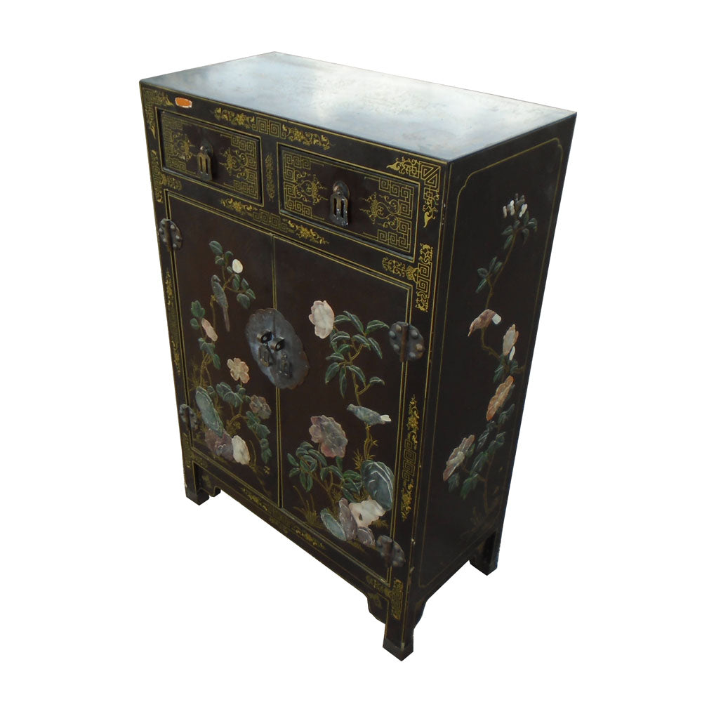 Chinese black lacquer cabinet with carved stone inlay, vintage Asian furniture from Metro Retro Furniture