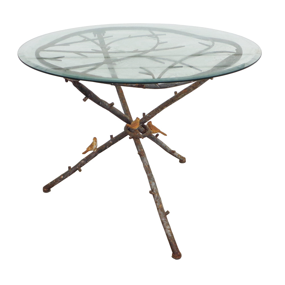 36″ Vintage Figurative Giacometti Style Metal Faux Bois and Glass Dining Table