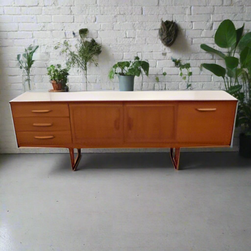 Mid Century Side Board with Sleigh Base – Folded Handles