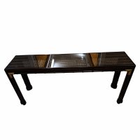 1980s Faux Bamboo Cane and Smoked Glass Top Console Table