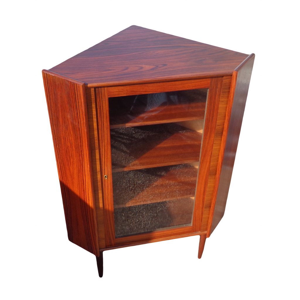 Mid century modern vintage rosewood corner cabinet in room setting