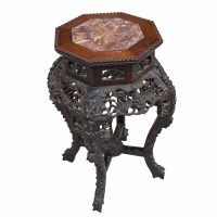 Antique Chinese Carved Teak Wood Floral Table with Marble Insert