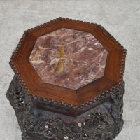 Antique Chinese Carved Teak Wood Floral Table with Marble Insert