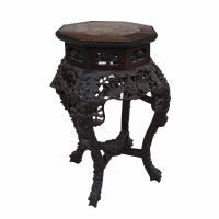 Antique Chinese Carved Teak Wood Floral Table with Marble Insert