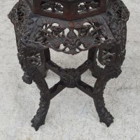 Antique Chinese Carved Teak Wood Floral Table with Marble Insert