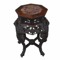 Antique Chinese Carved Teak Wood Floral Table with Marble Insert