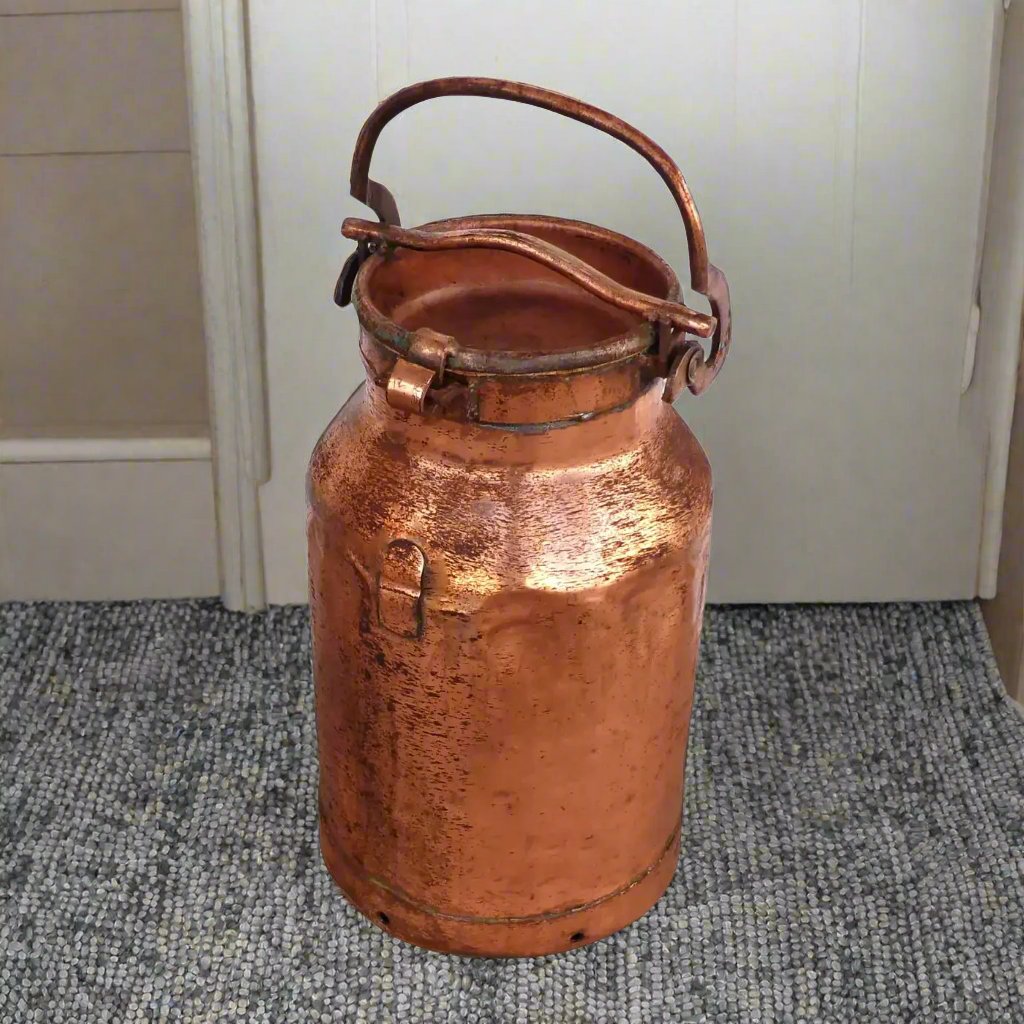 Antique brass milk can with rustic finish