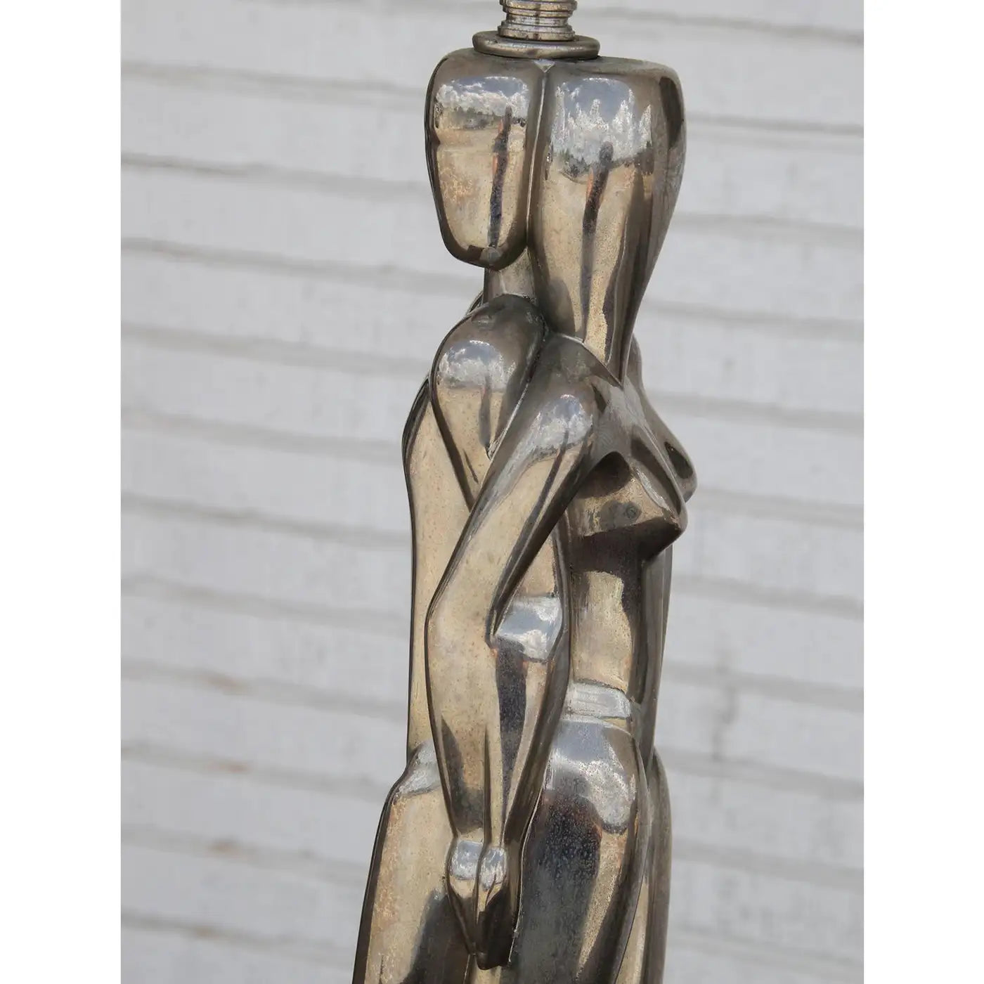 Restored Sculpted Art Deco Male Female Chromed Shade Table Lamp (MR7299)
