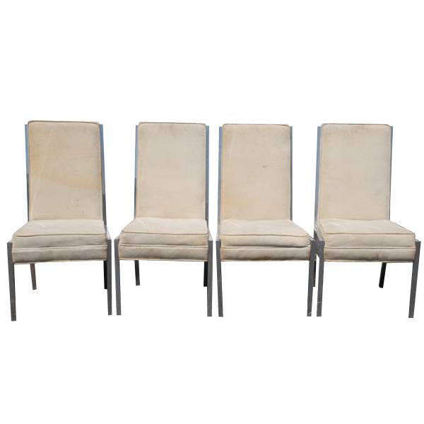 (4) Mid Century Modern Chrome Velvet Tan Dining Chairs (MR7544)