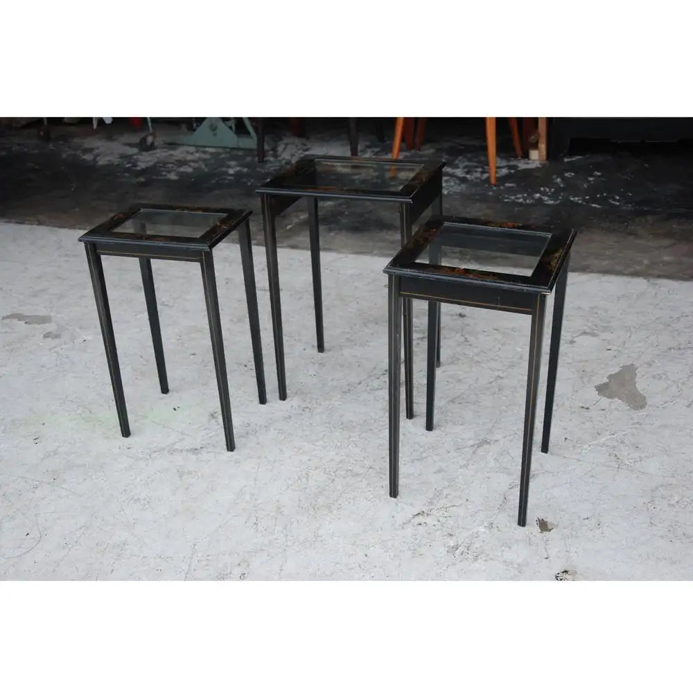 Antique vintage set of nesting tables with Asian motifs