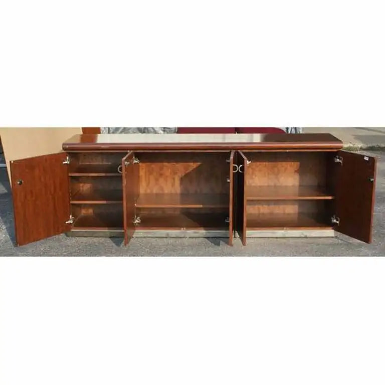 Breakfront credenza with brass handles and burl wood