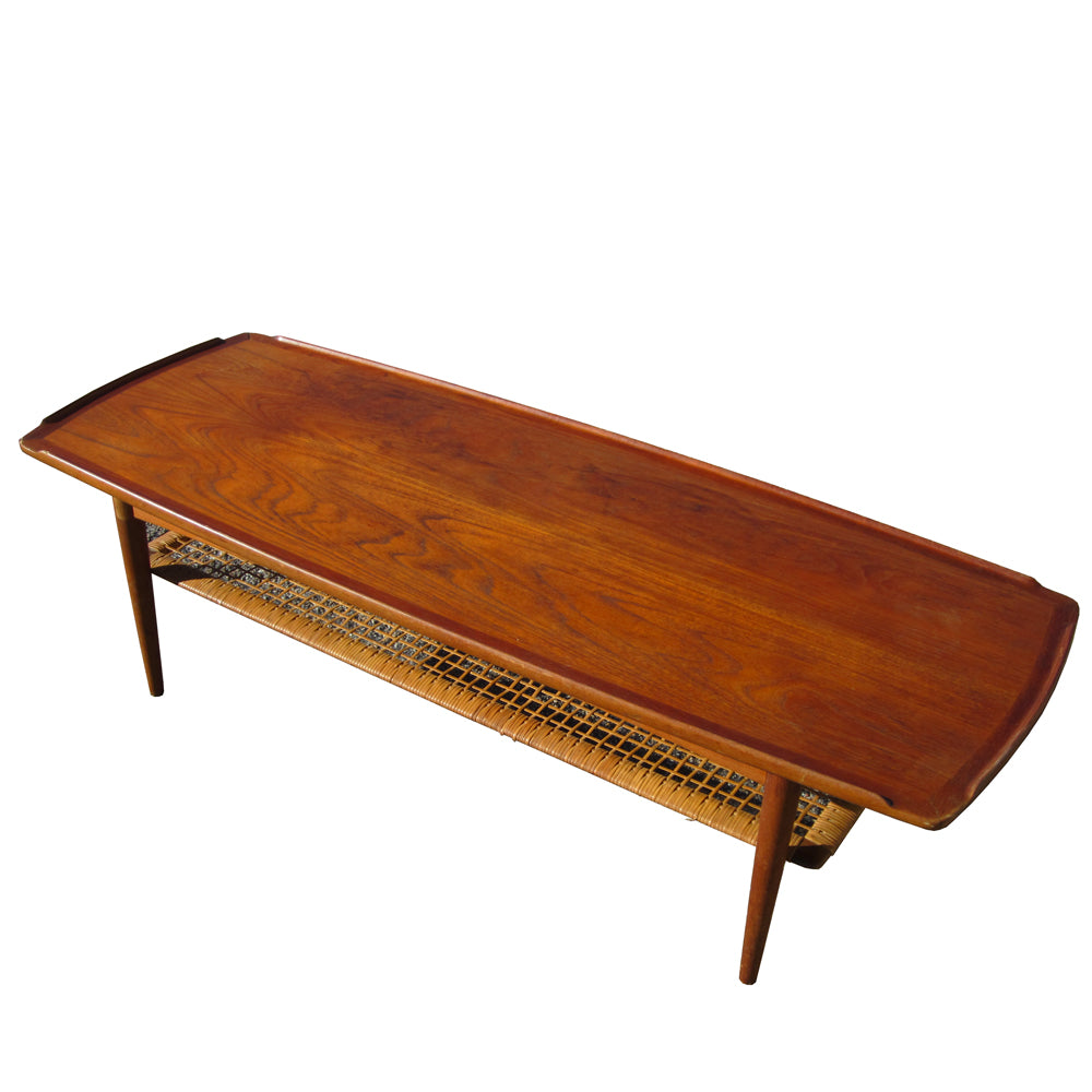 59″ Long Vintage Two-Tiered Danish Coffee Table w/ Cane Weave by Poul Jensen for Selig