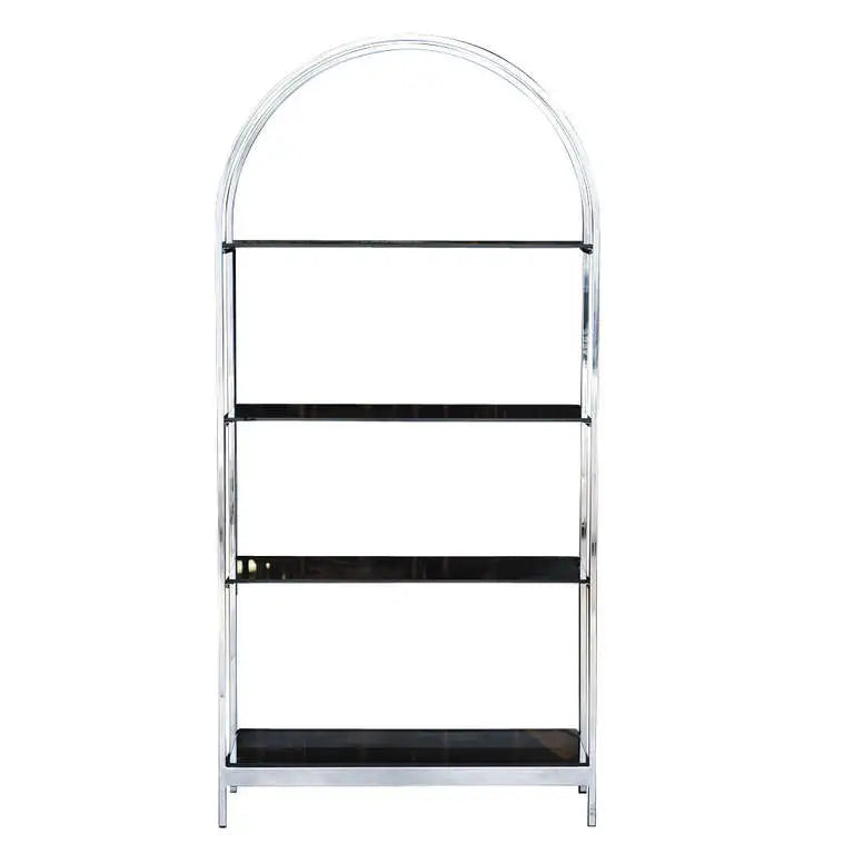 Elegant Milo Baughman inspired chrome etagere for modern interiors.