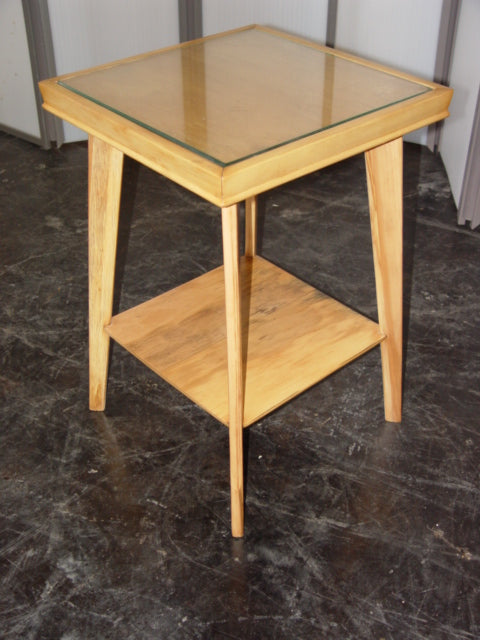 Restored ash wood low table with glass bi-level top