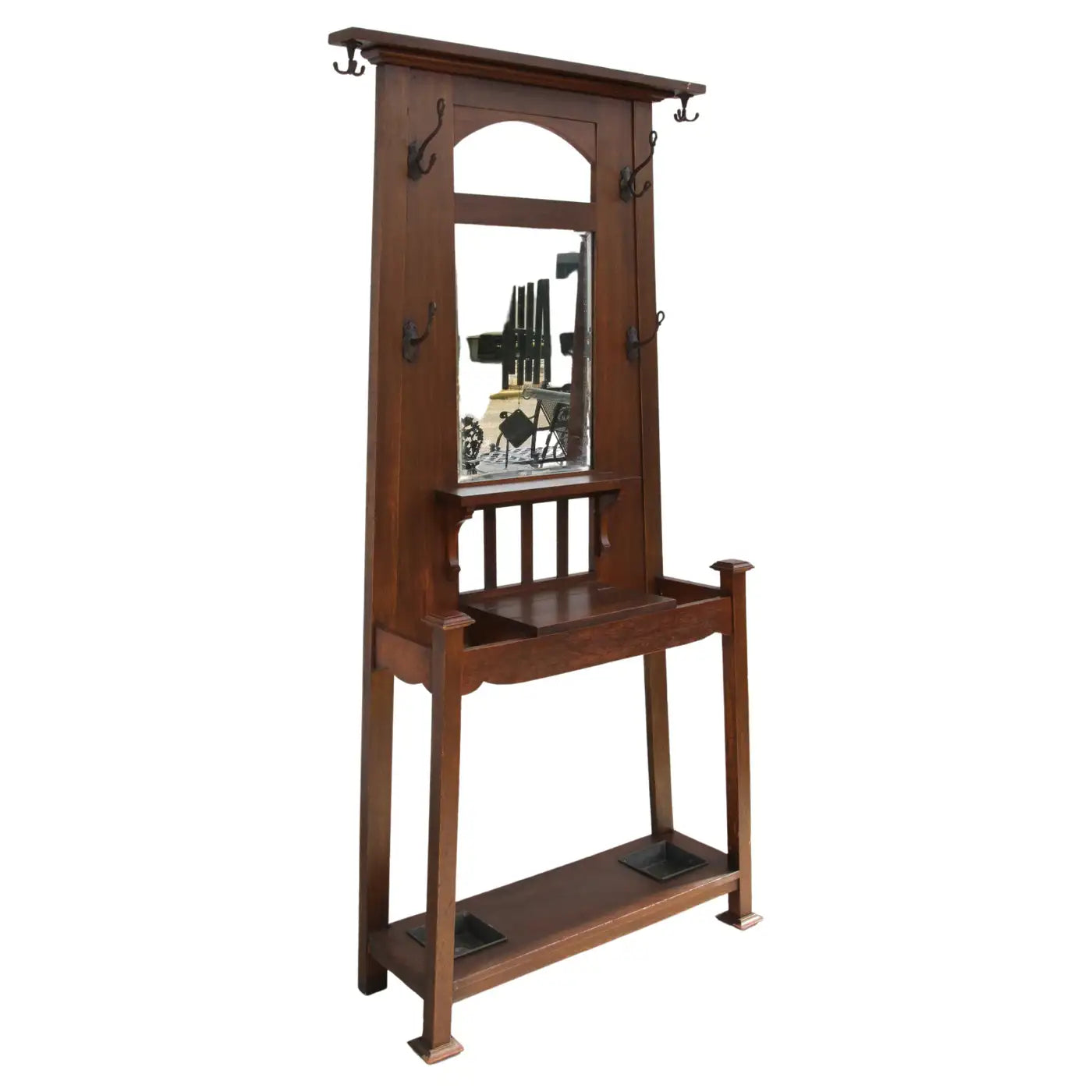 Antique mission hall tree with storage drawer