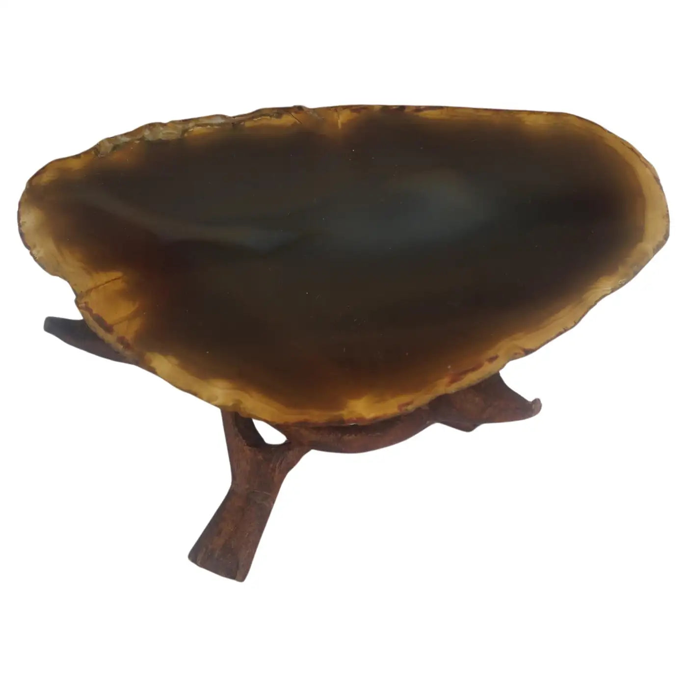 Natural brown agate geode on wood pedestal