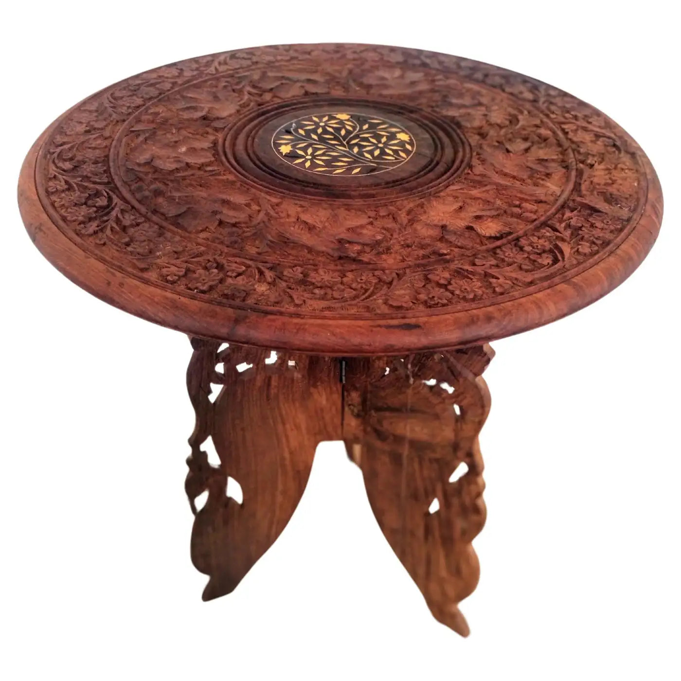 Carved Moroccan Brass Inlaid Side Table