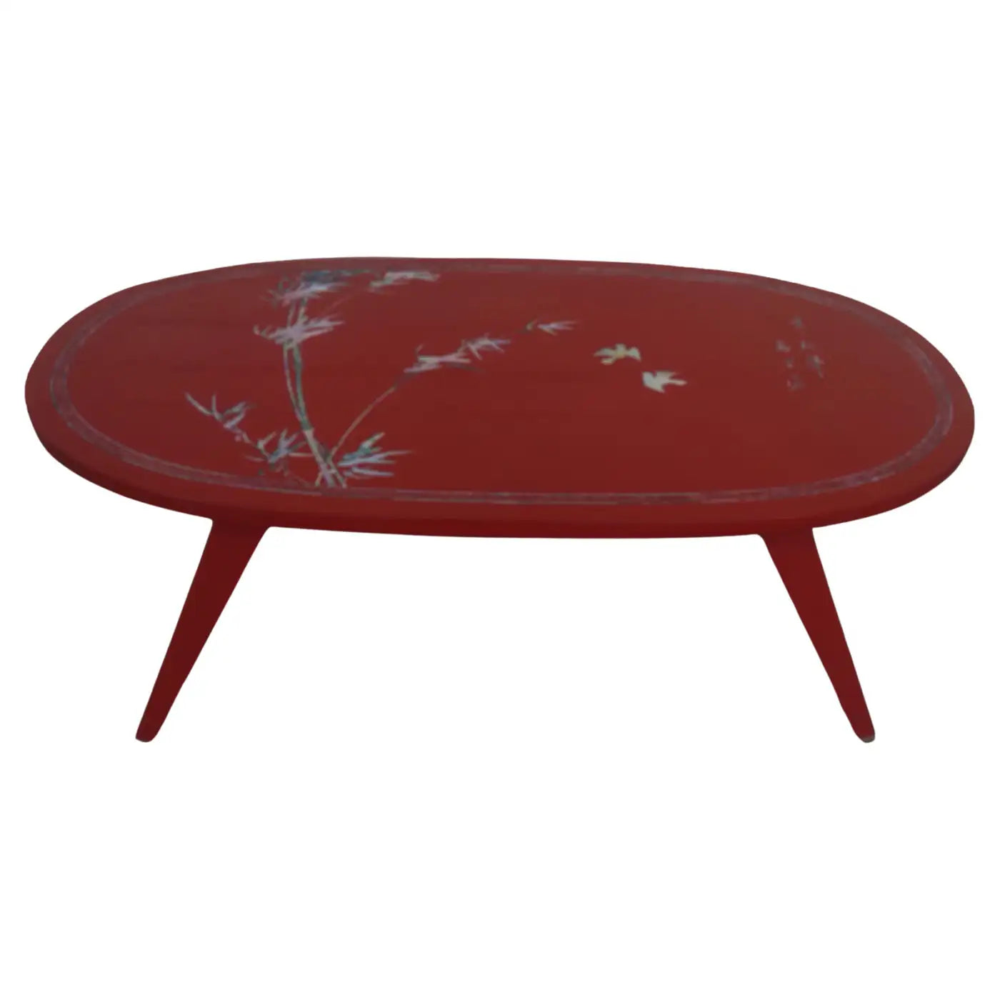 Lacquered Chinese coffee table featuring mother of pearl inlay