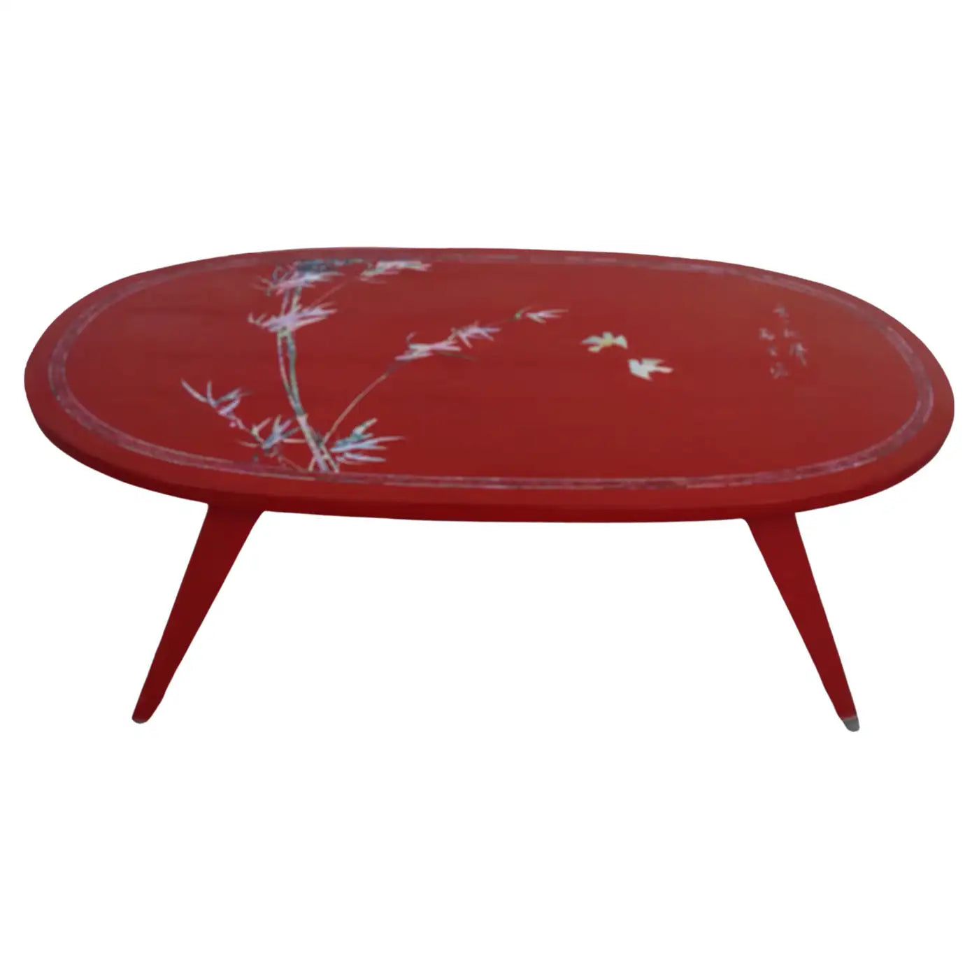 Red lacquer Chinese coffee table with intricate pearl inlay
