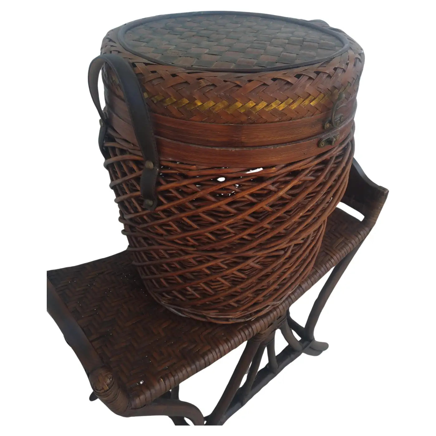Artisan wicker storage basket with brass accents
