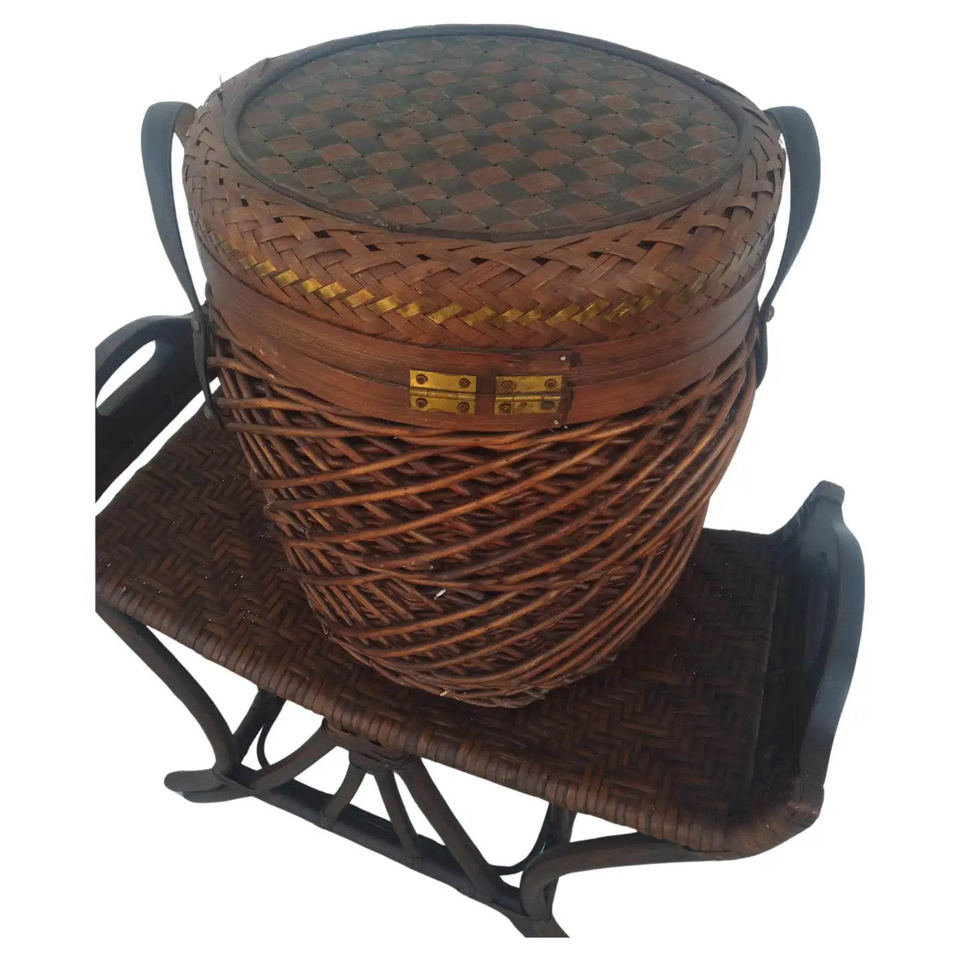 Decorative natural fiber basket with brass trim
