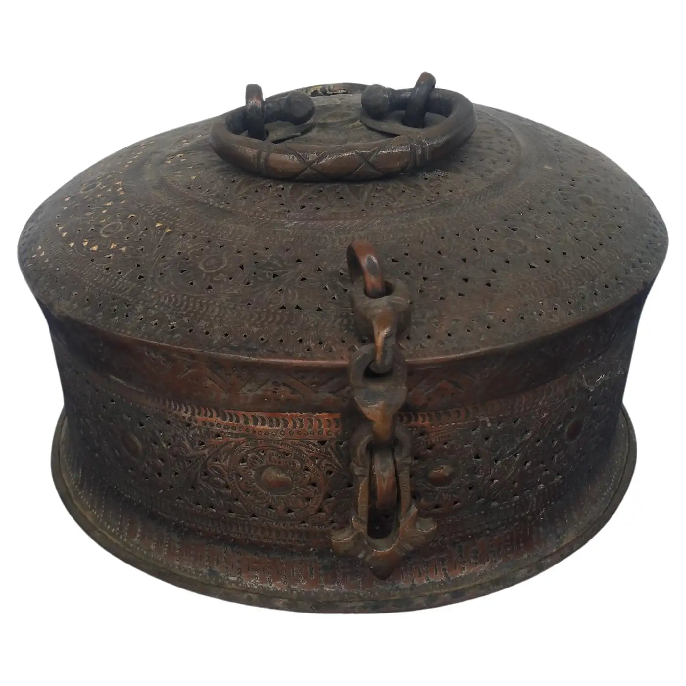 Antique Indian round copper tinned box with pierced details