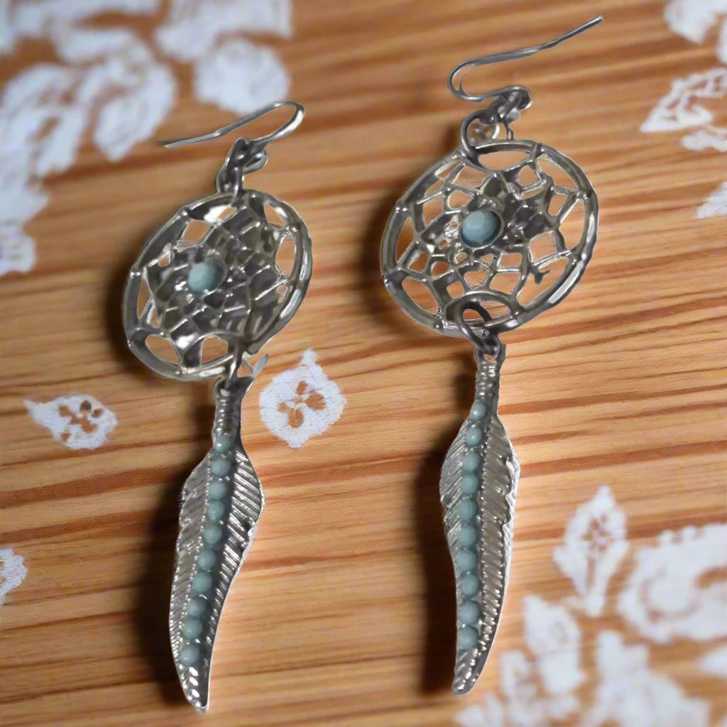 Pair of Navajo Sterling Silver and Turquoise Dreamcatcher Earrings