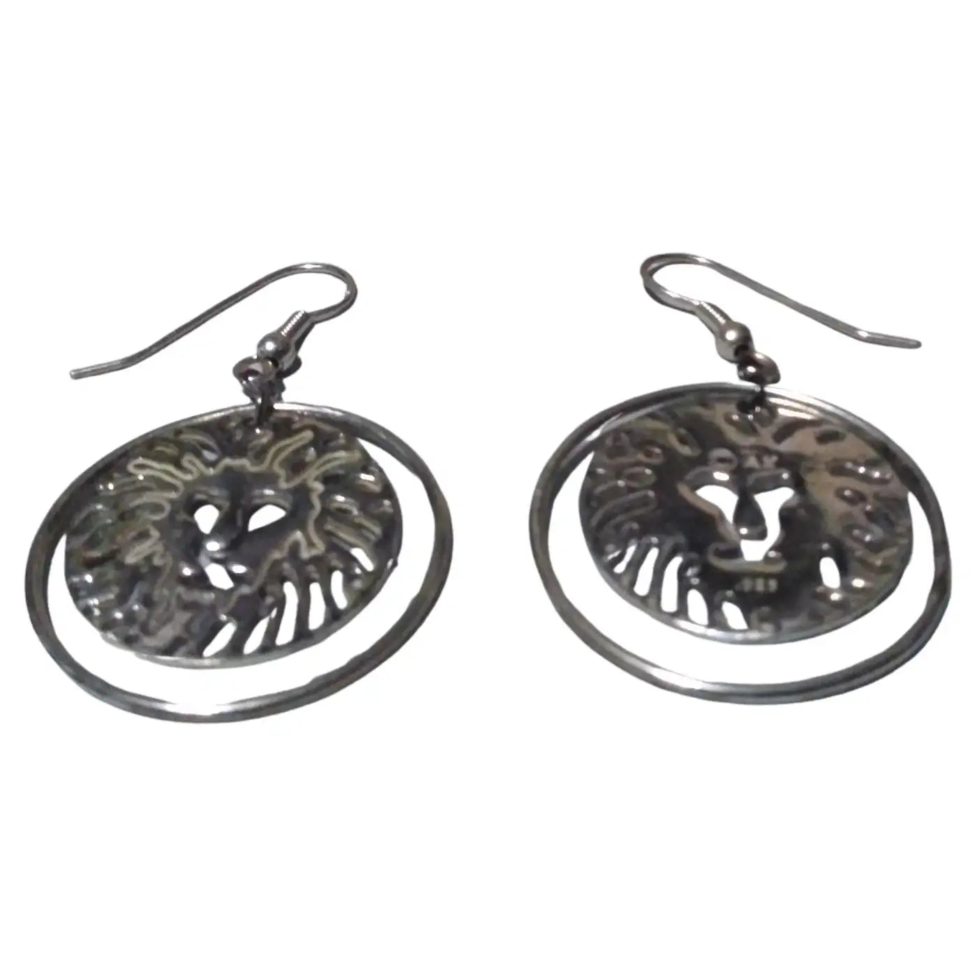 Pair of Sterling Silver Swinging Lion Face Hoop Earrings