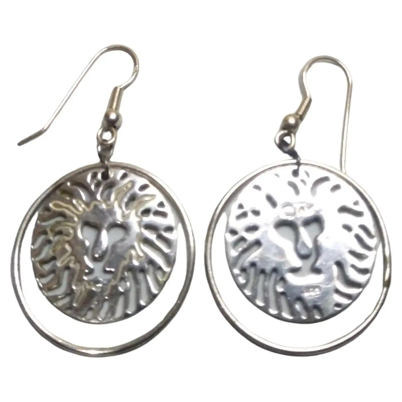 Pair of Sterling Silver Swinging Lion Face Hoop Earrings