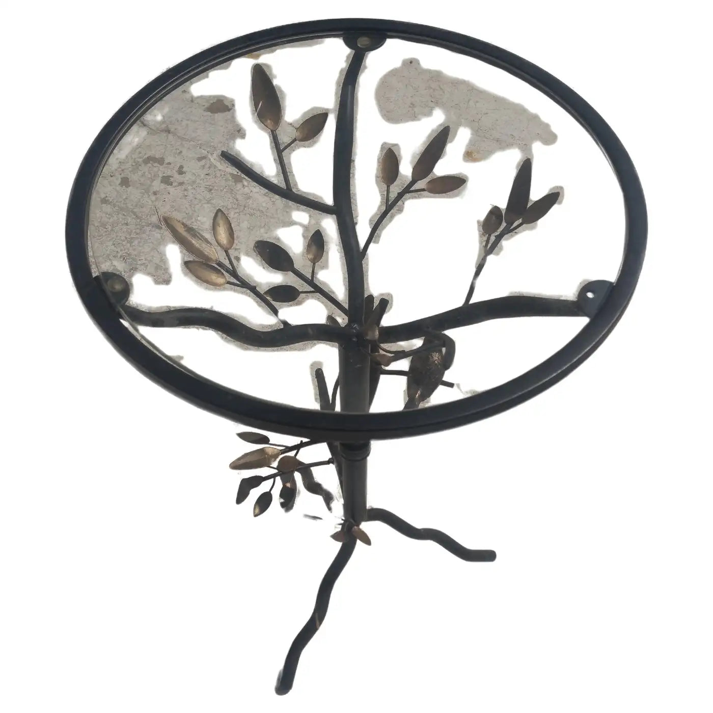 Artistic metal tree side table with birds and glass