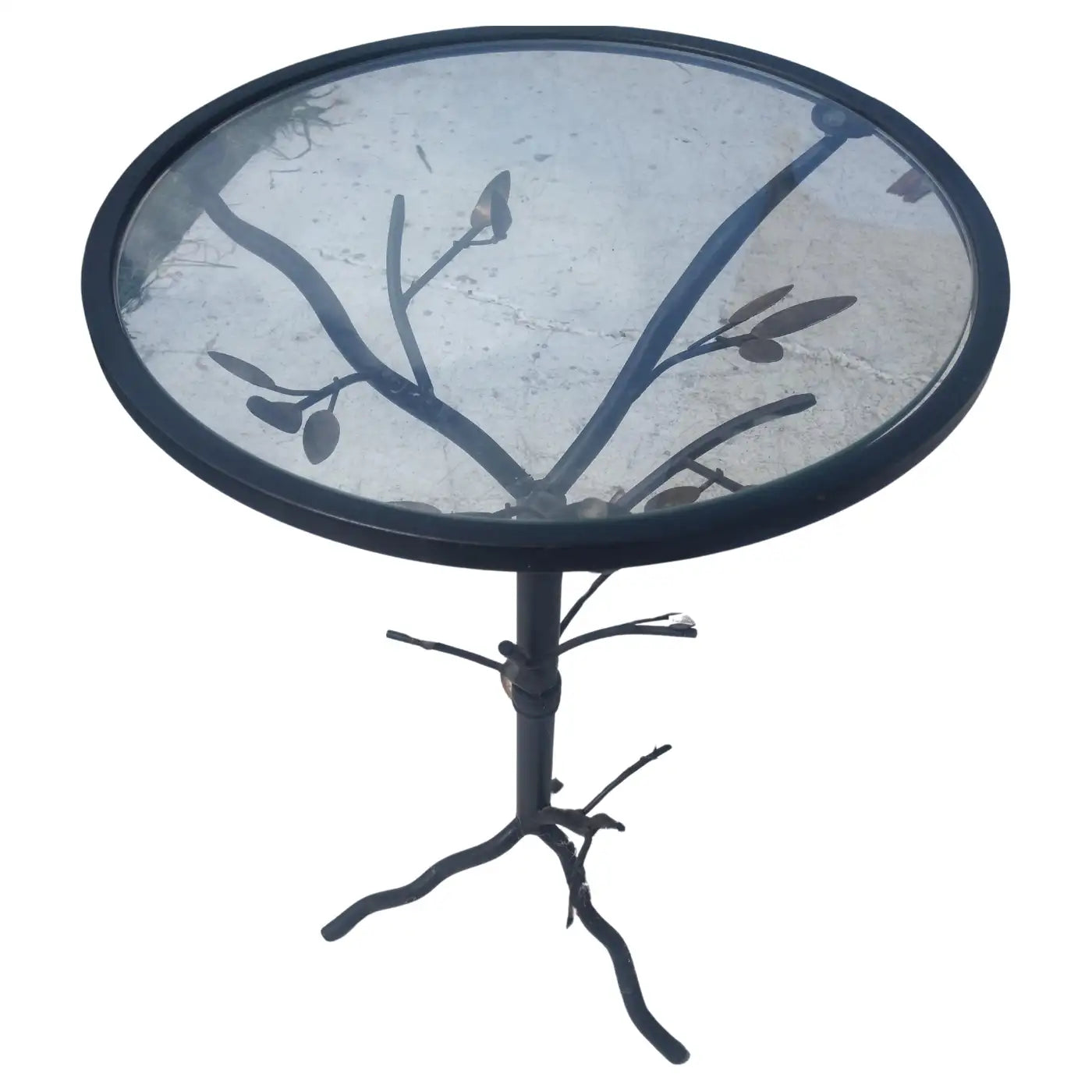 Brutalist style metal tree side table with glass top
