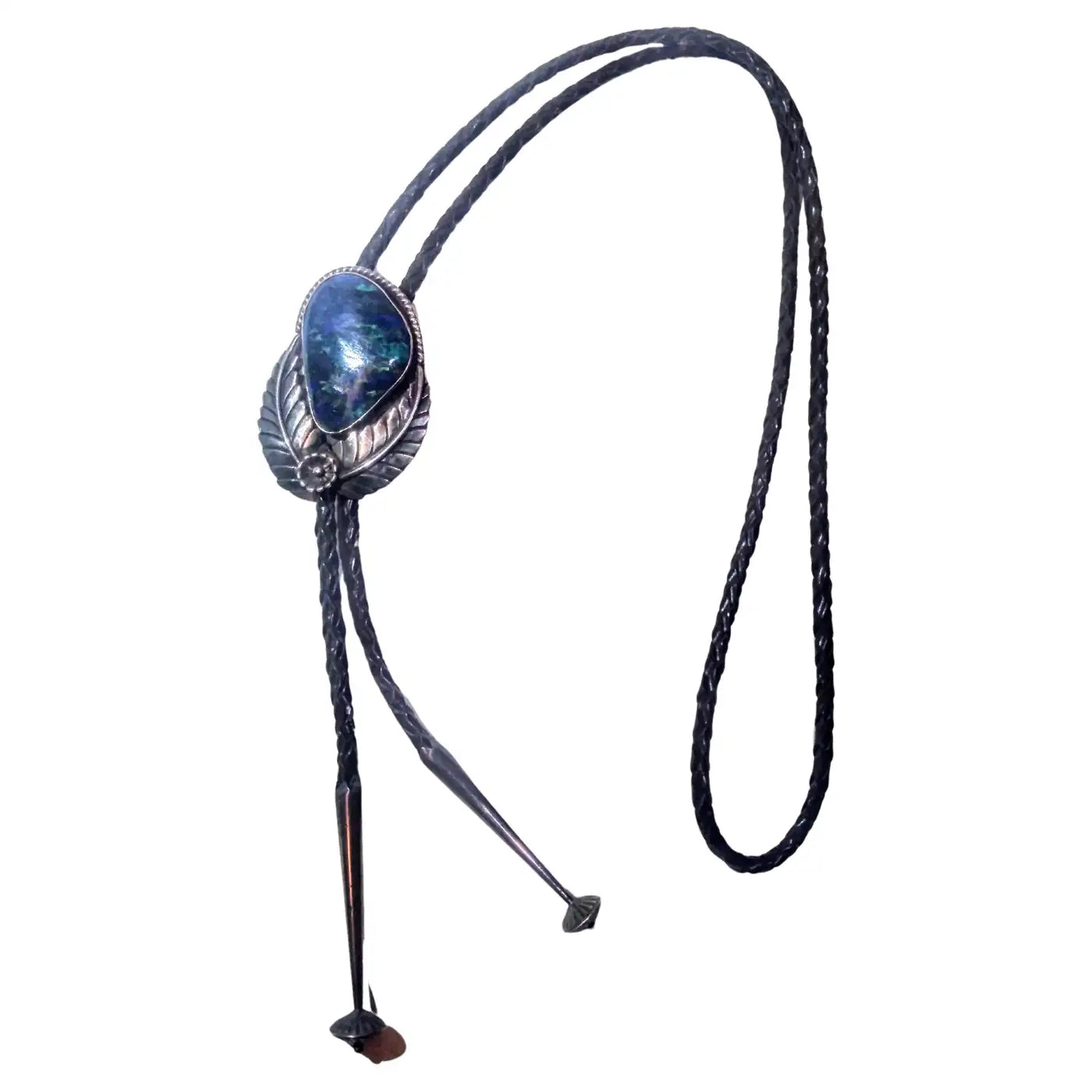38" leather and sterling silver Native American bolo tie with blue opal medalli