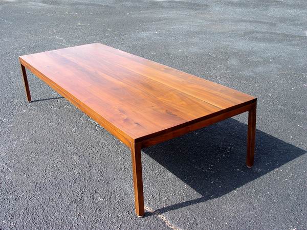 Long vintage walnut coffee table with mid-century modern plank design
