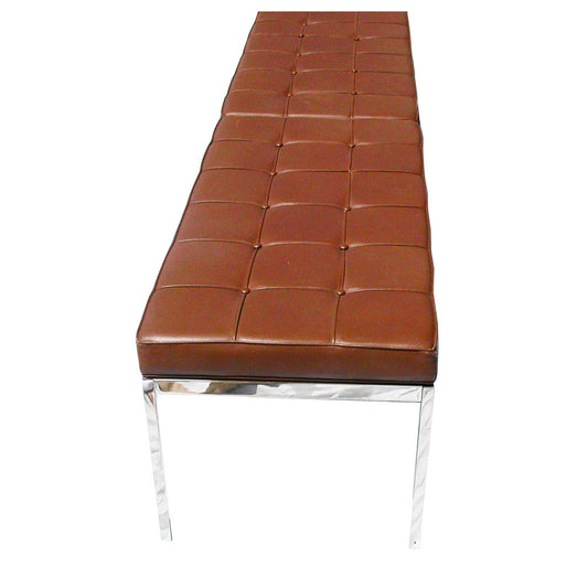 Brown Mid Century Knoll Leather Bench inspired by Florence Knoll, boasting clean lines, tufted detailing, and exquisite craftsmanship for a timeless appeal.