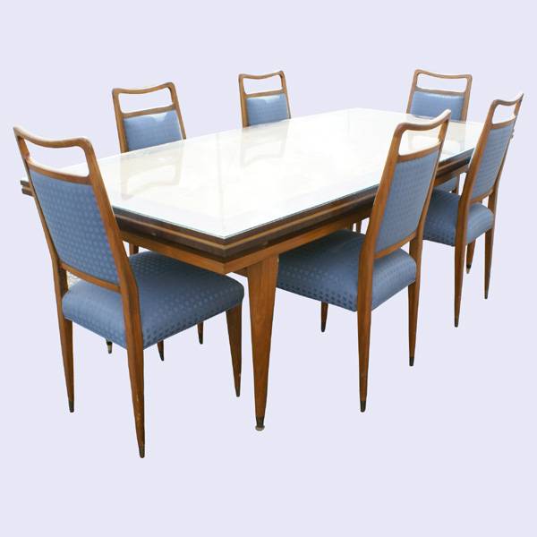 Mid-century modern 86.75″ oak dining table with 6 side chairs in vintage retro style